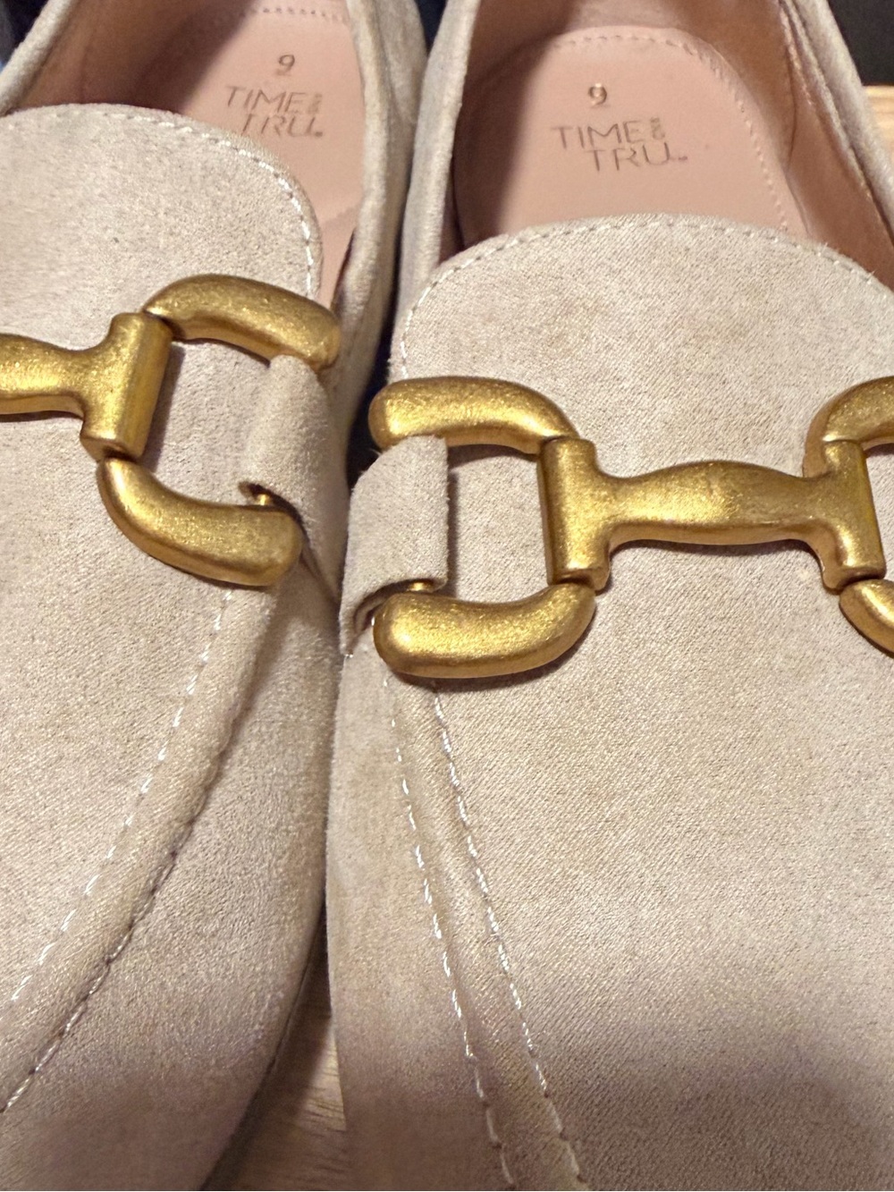 Time and Tru women’s Tan Suede Slip-On Loafers with Gold Bit